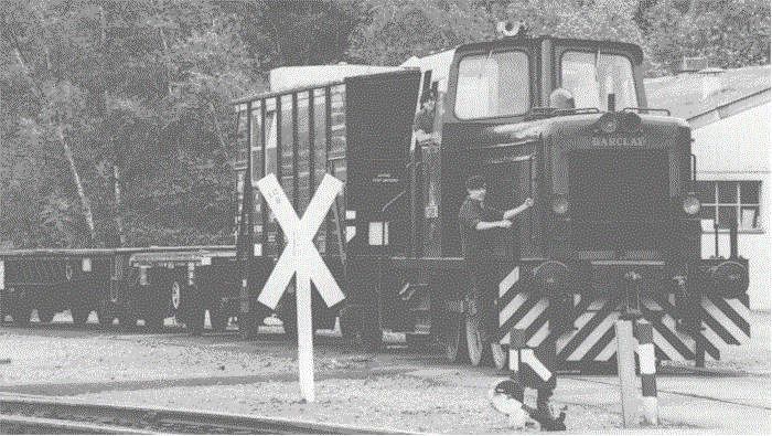 Barclay, fitted guards van, ramp wagon and warflat at South Park, Moenchengladbach, 1983